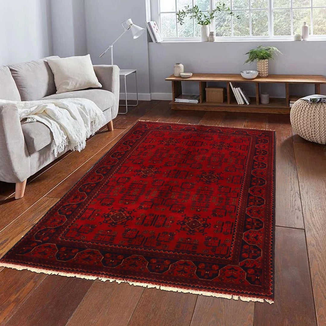 Red Afghan Khal Mohammadi Rug 4' 10" x 6' 7" Hand-Knotted | No. AL41626