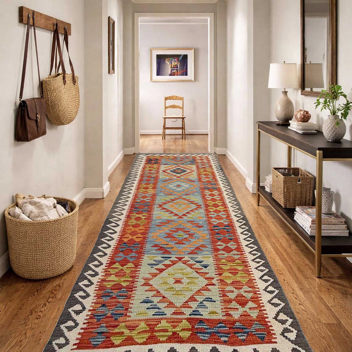 Afghan Vegetable Kilim Rug 2' 10" x 9' 6" Flat-Weave | No. AL418239