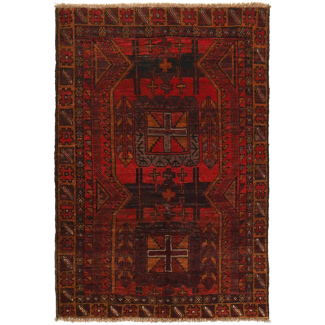 Red Afghan Baluchi Rug 3' 9" x 5' 10" Hand-Knotted | No. AL41913