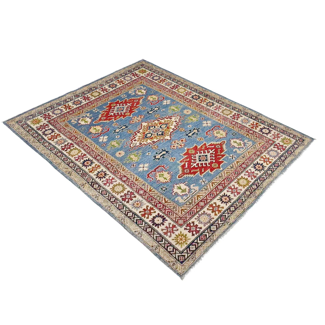 Blue Afghan Kazak Rug 4' 10" x 6' 8" Hand-Knotted | No. AL41997