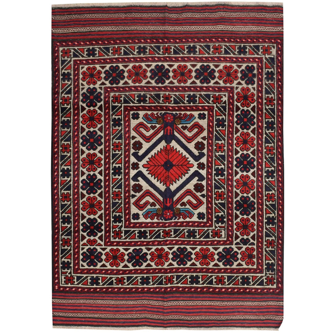 Beige Afghan Barjasta Rug 4'2" x 5'8" Hand-Knotted | No. AL42027