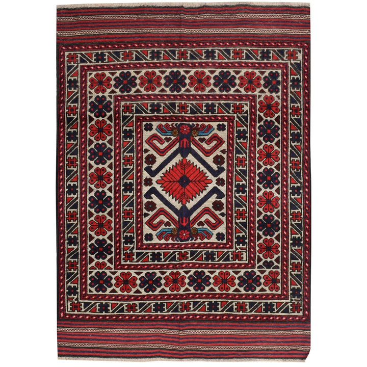 Beige Afghan Barjasta Rug 4'2" x 5'8" Hand-Knotted | No. AL42027