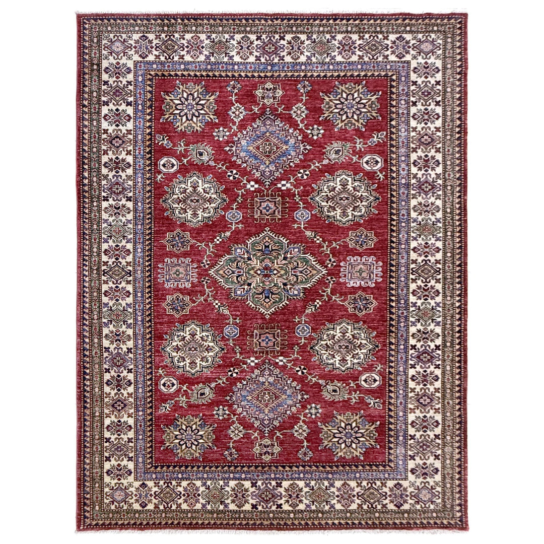 Red Afghan Kazak Rug 5' 7" x 7' 8" Hand-Knotted | No. AL42117