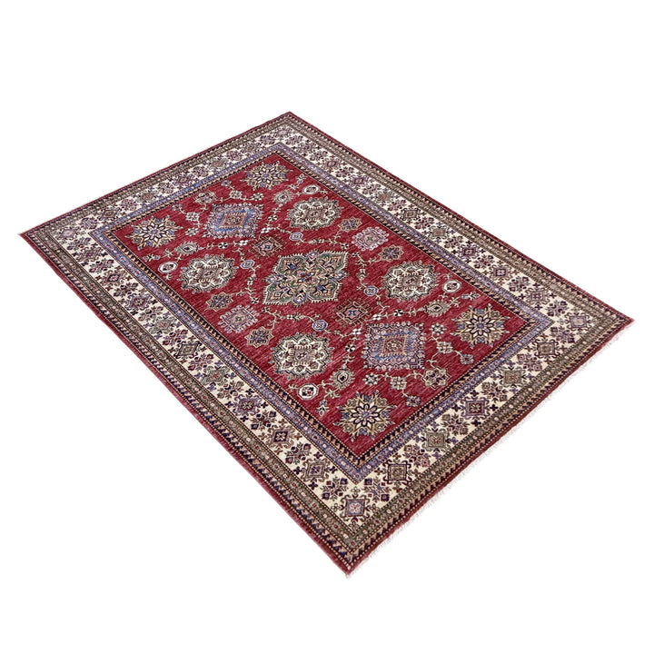 Red Afghan Kazak Rug 5' 7" x 7' 8" Hand-Knotted | No. AL42117