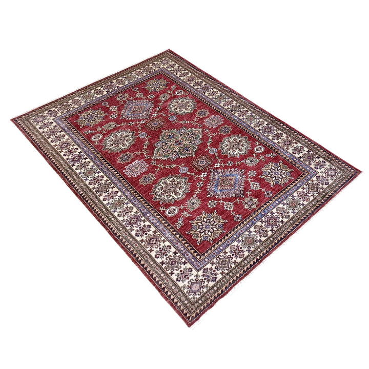 Red Afghan Kazak Rug 5' 7" x 7' 8" Hand-Knotted | No. AL42117