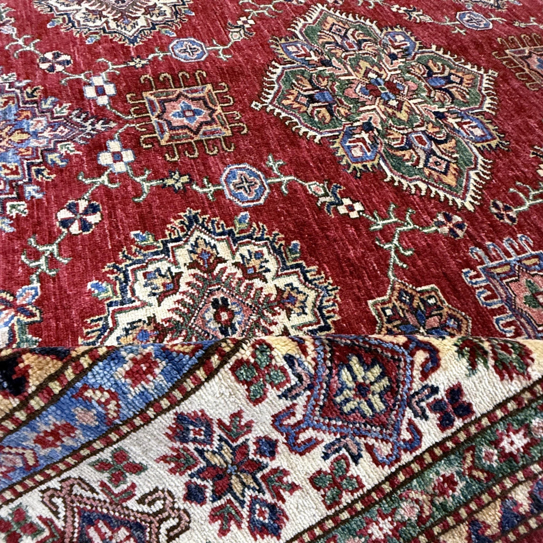 Red Afghan Kazak Rug 5' 7" x 7' 8" Hand-Knotted | No. AL42117