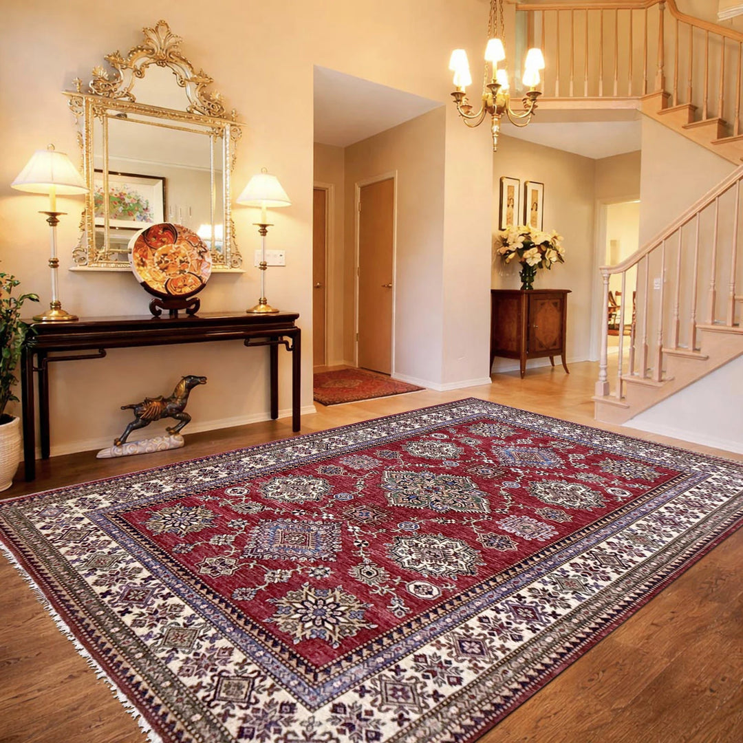 Red Afghan Kazak Rug 5' 7" x 7' 8" Hand-Knotted | No. AL42117