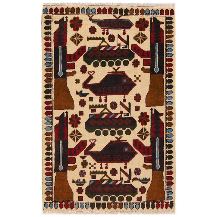 Beige Afghan War Rug 2' 11" x 4' 5" Hand-Knotted | No. AL42124