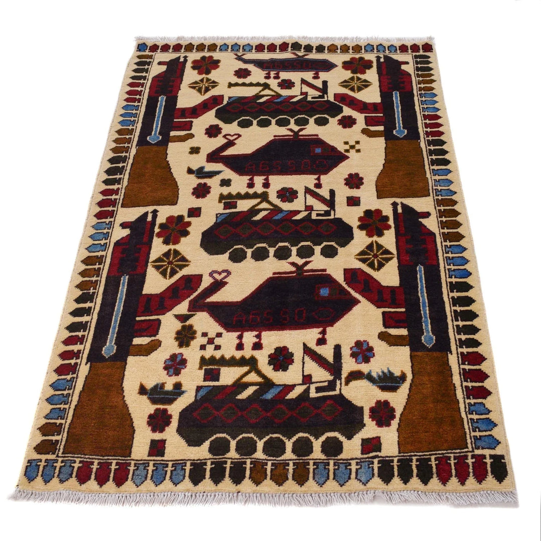 Beige Afghan War Rug 2' 11" x 4' 5" Hand-Knotted | No. AL42124