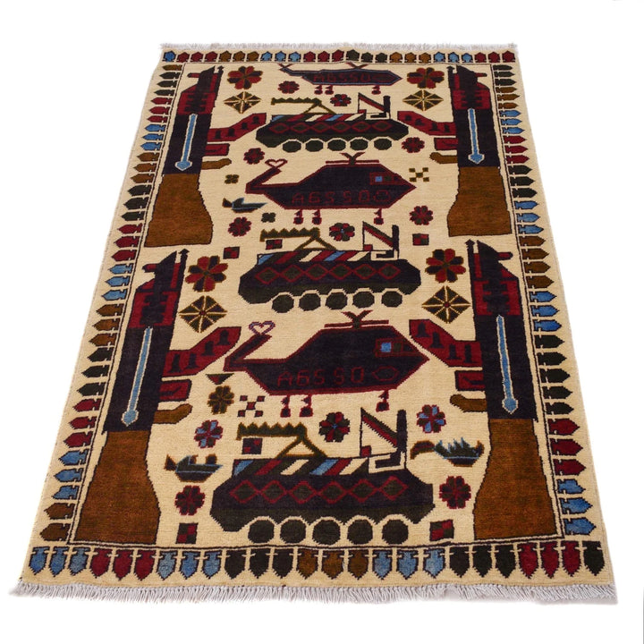 Beige Afghan War Rug 2' 11" x 4' 5" Hand-Knotted | No. AL42124