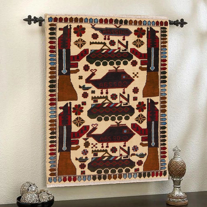 Beige Afghan War Rug 2' 11" x 4' 5" Hand-Knotted | No. AL42124