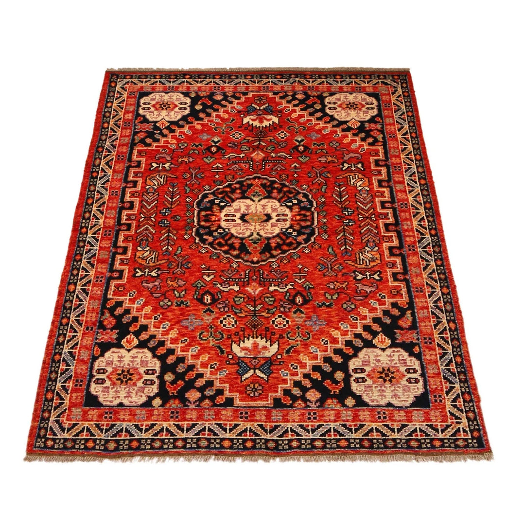 Red Afghan Shiraz Rug 4' 1" x 6' 0" Hand-Knotted | No. AL42311
