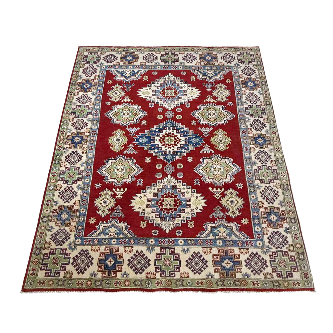 Red Afghan Kazak Rug 5' 7" x 7' 10" Hand-Knotted | No. AL42345