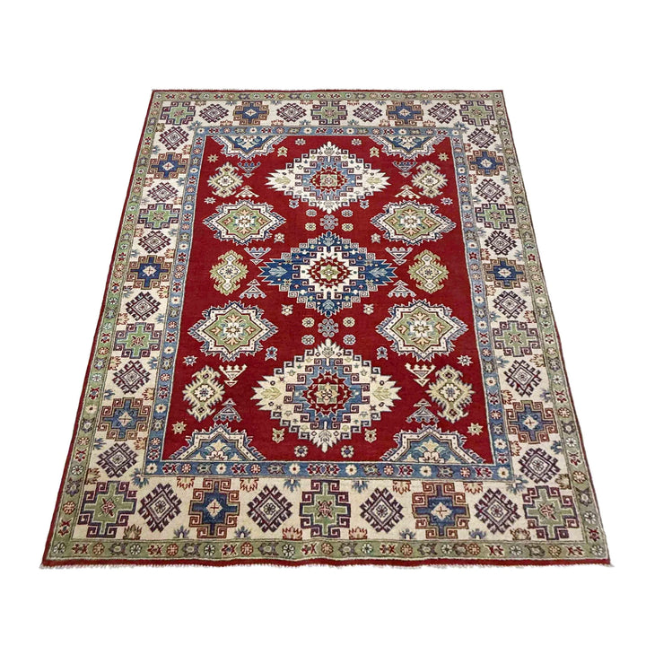 Red Afghan Kazak Rug 5' 7" x 7' 10" Hand-Knotted | No. AL42345