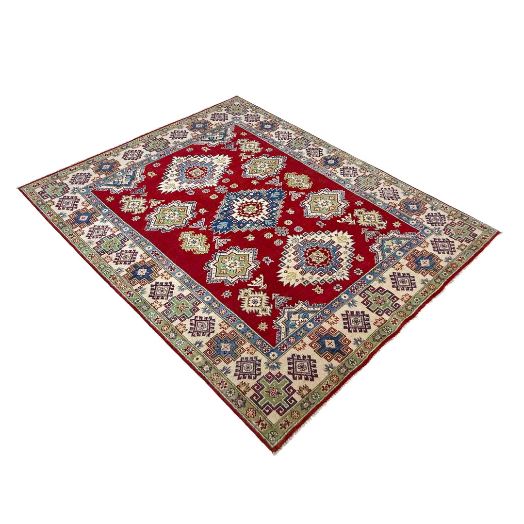 Red Afghan Kazak Rug 5' 7" x 7' 10" Hand-Knotted | No. AL42345