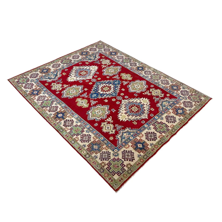 Red Afghan Kazak Rug 5' 7" x 7' 10" Hand-Knotted | No. AL42345