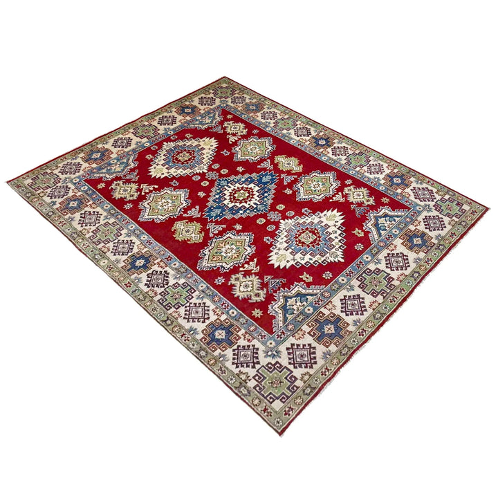 Red Afghan Kazak Rug 5' 7" x 7' 10" Hand-Knotted | No. AL42345