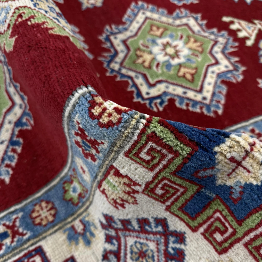 Red Afghan Kazak Rug 5' 7" x 7' 10" Hand-Knotted | No. AL42345