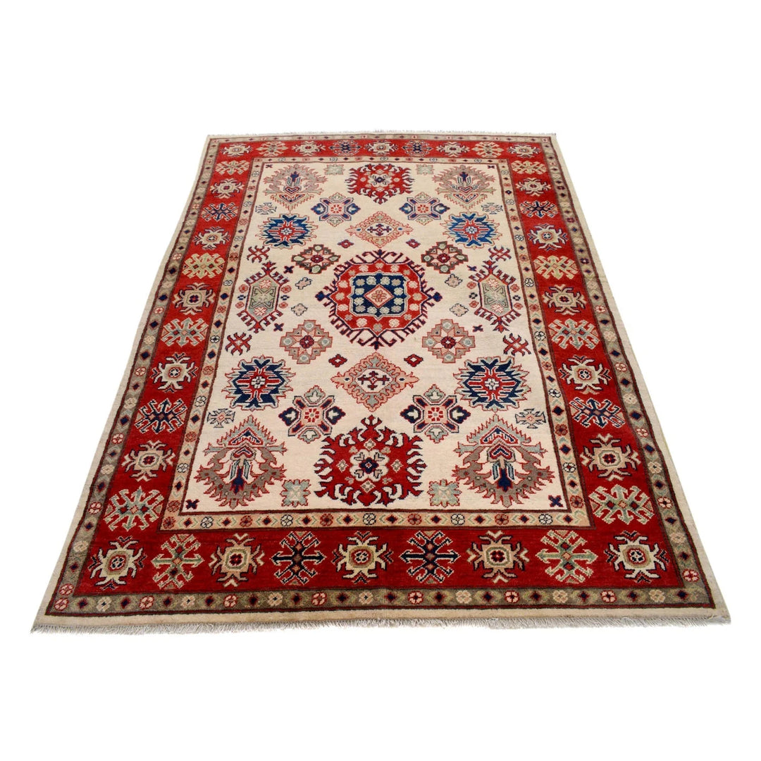 Ivory Afghan Kazak Rug 5' 1" x 7' 2" Hand-Knotted | No. AL42348