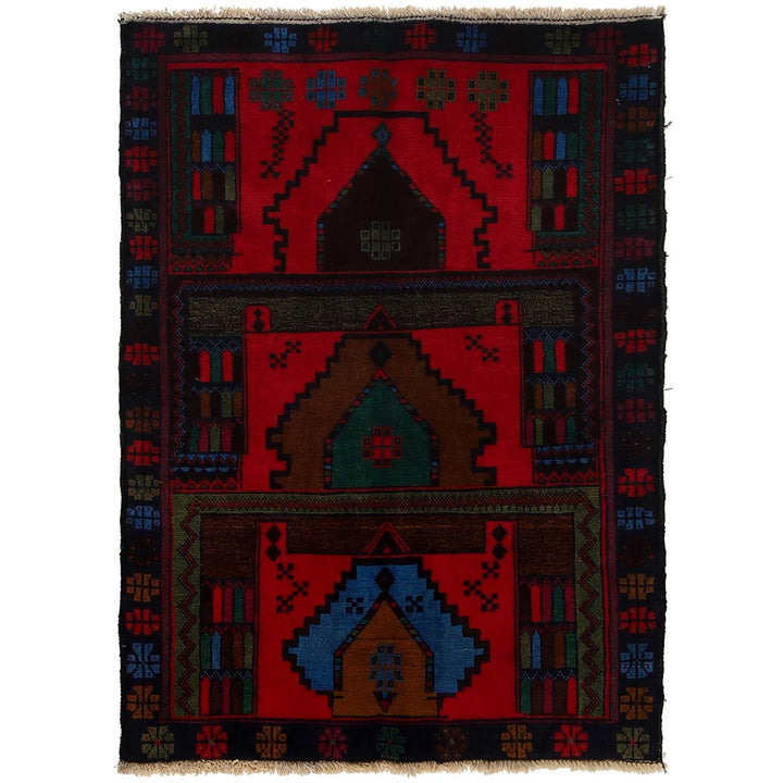 Red Afghan Baluchi Rug 3' 0" x 4' 2" Hand-Knotted | No. AL42379