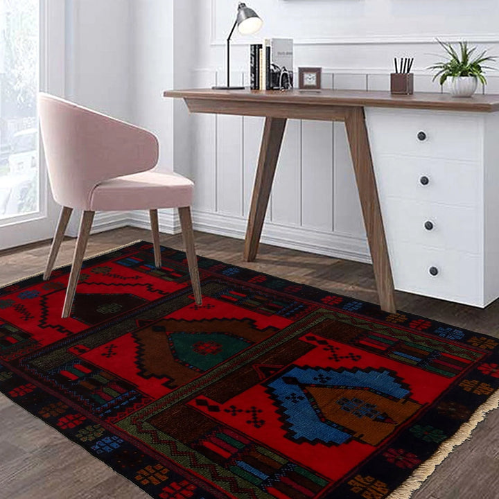 Red Afghan Baluchi Rug 3' 0" x 4' 2" Hand-Knotted | No. AL42379