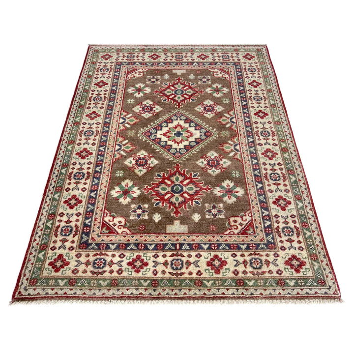 Brown Afghan Kazak Rug 3' 2" x 4' 11" Hand-Knotted | No. AL42495