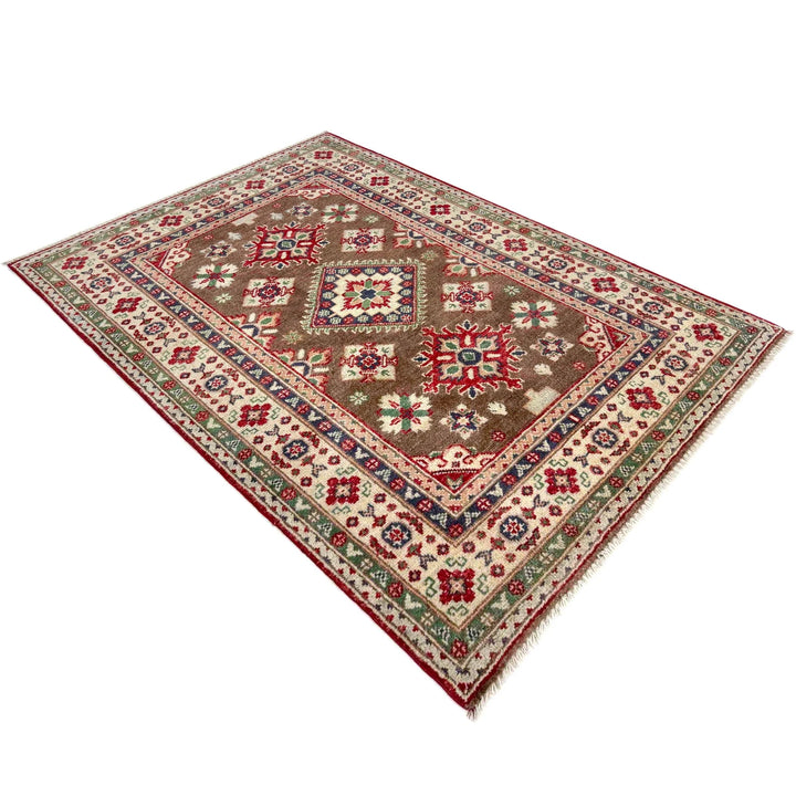 Brown Afghan Kazak Rug 3' 2" x 4' 11" Hand-Knotted | No. AL42495