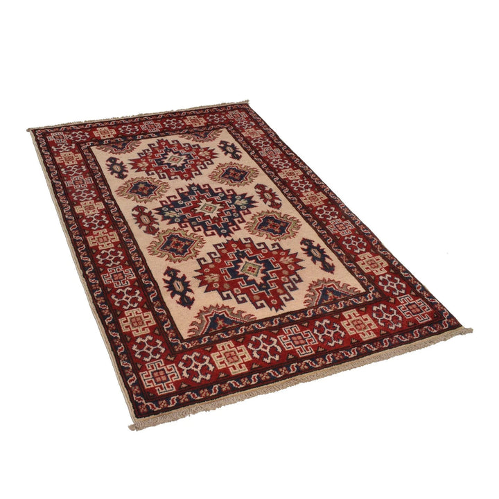 Ivory Afghan Kazak Rug 3' 3" x 4' 10" Hand-Knotted | No. AL42550