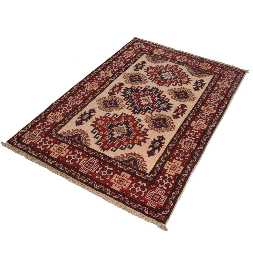 Ivory Afghan Kazak Rug 3' 3" x 4' 10" Hand-Knotted | No. AL42550