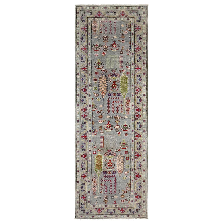 Gray Afghan Kazak Runner Rug 2' 9" x 9' 9" Hand-Knotted | No. AL42608