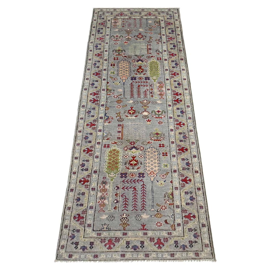 Gray Afghan Kazak Runner Rug 2' 9" x 9' 9" Hand-Knotted | No. AL42608