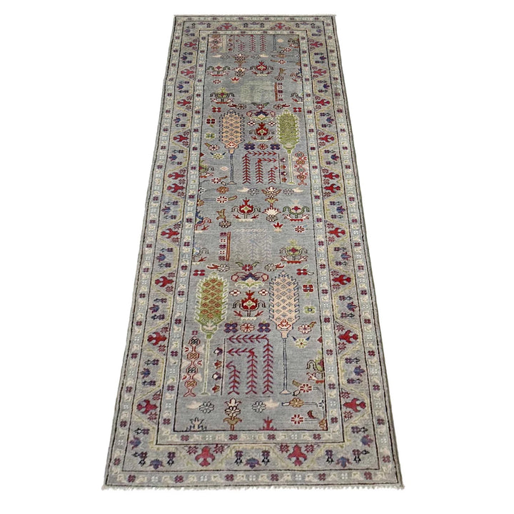 Gray Afghan Kazak Runner Rug 2' 9" x 9' 9" Hand-Knotted | No. AL42608