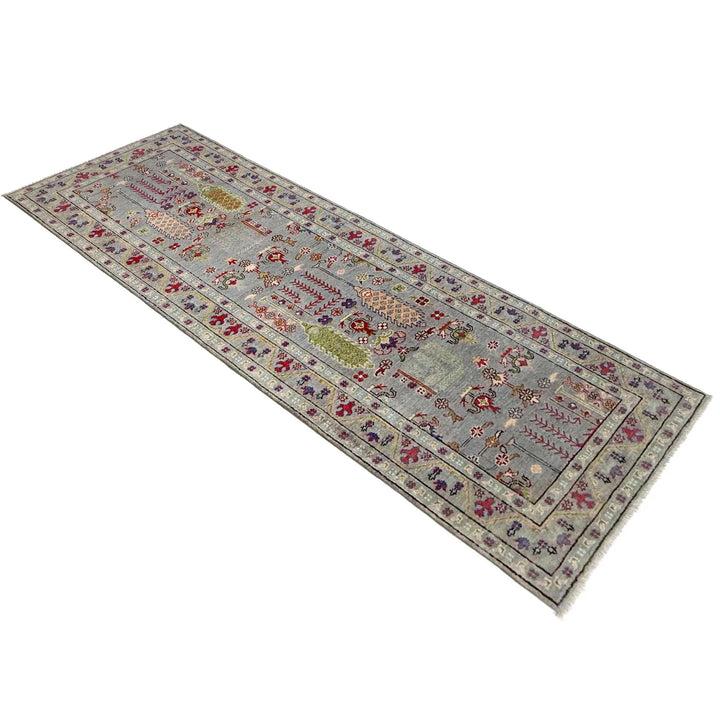 Gray Afghan Kazak Runner Rug 2' 9" x 9' 9" Hand-Knotted | No. AL42608
