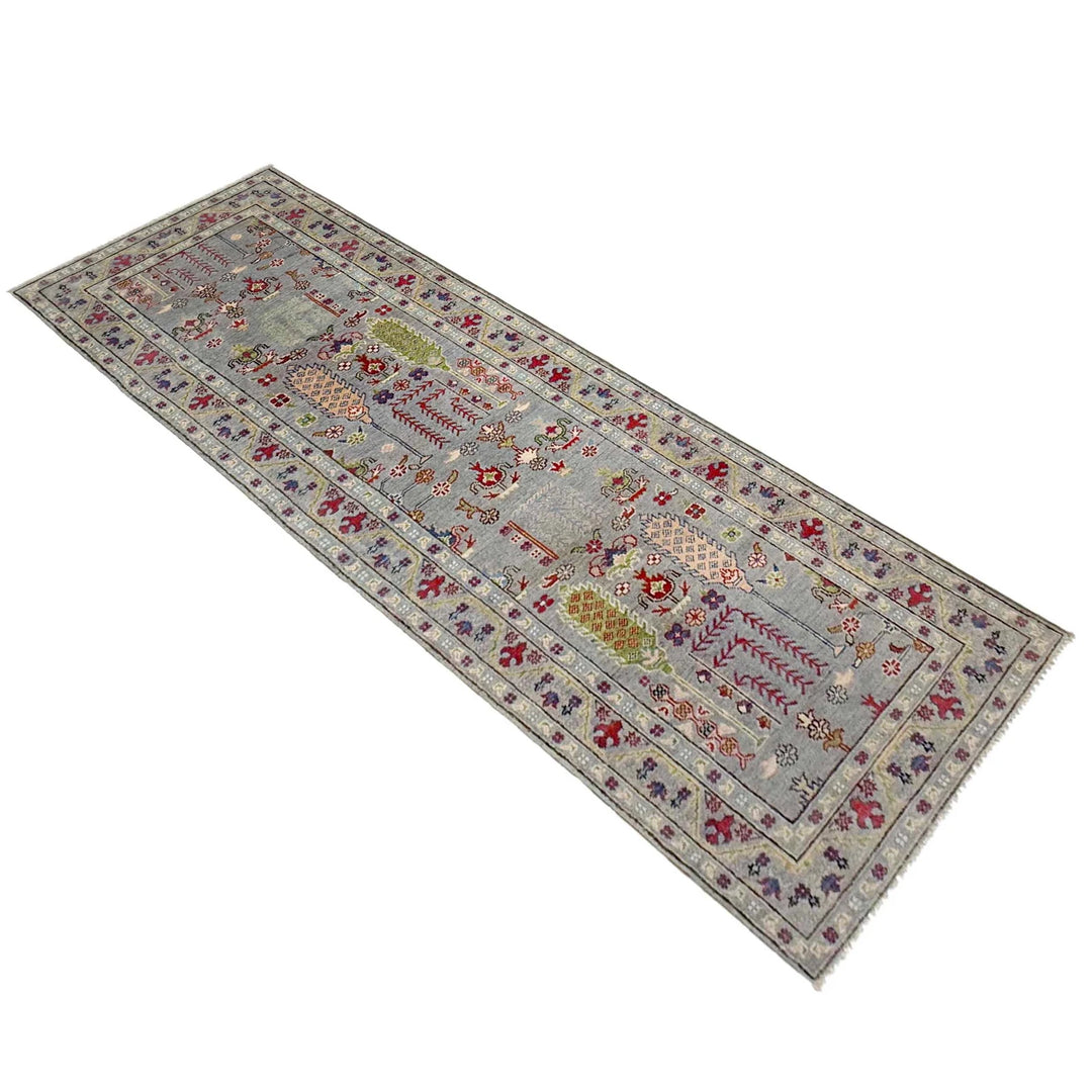 Gray Afghan Kazak Runner Rug 2' 9" x 9' 9" Hand-Knotted | No. AL42608