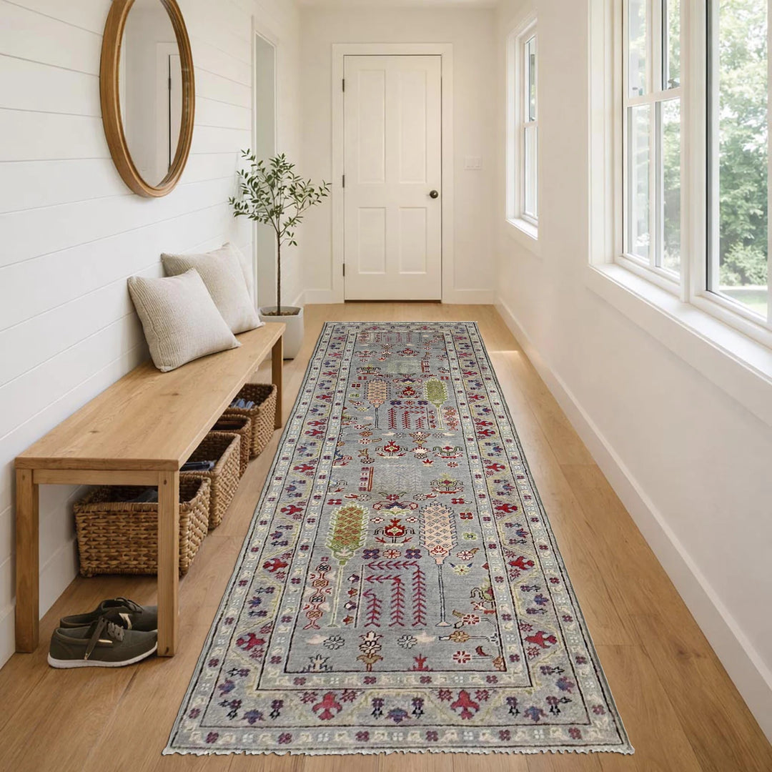 Gray Afghan Kazak Runner Rug 2' 9" x 9' 9" Hand-Knotted | No. AL42608