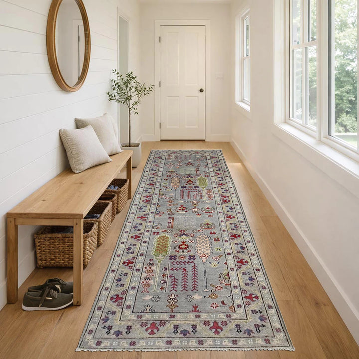 Gray Afghan Kazak Runner Rug 2' 9" x 9' 9" Hand-Knotted | No. AL42608