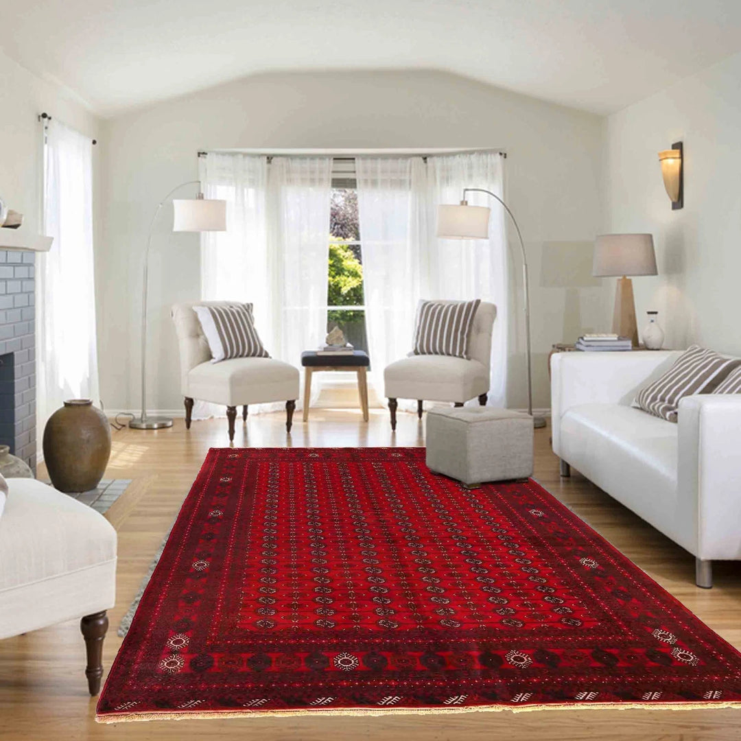 Red Afghan Bokhara Rug 6' 5" x 9' 5" Hand-Knotted | No. AL42614