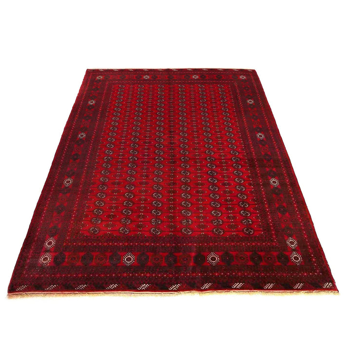 Red Afghan Bokhara Rug 6' 5" x 9' 5" Hand-Knotted | No. AL42614