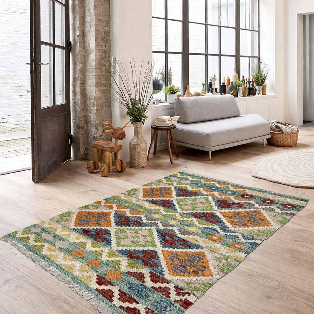 Afghan Vegetable Kilim Rug 2'6" x 3'11" Flat-Weave | No. AL42645