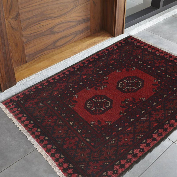 Red Afghan Oriental Doormat 1' 8" x 2' 5" Hand-Knotted | No. AL42703