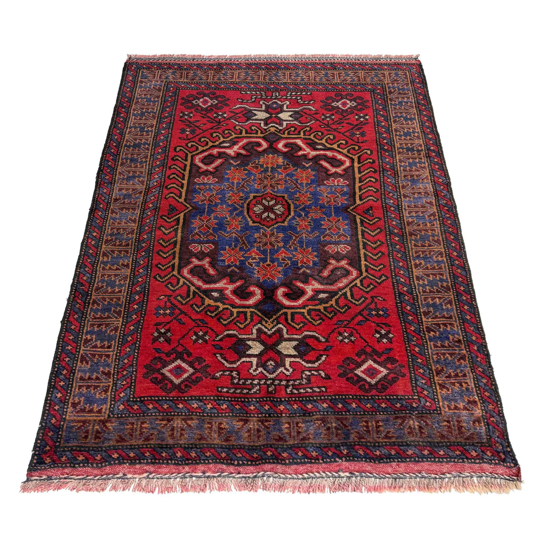 Red Afghan Baluchi Rug 3' 0" x 4' 4" Hand-Knotted | No. AL42996