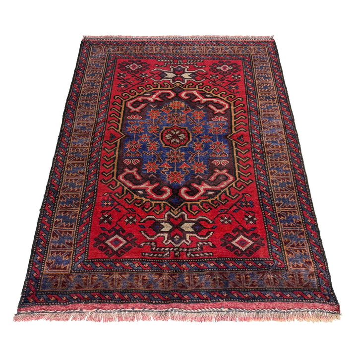 Red Afghan Baluchi Rug 3' 0" x 4' 4" Hand-Knotted | No. AL42996