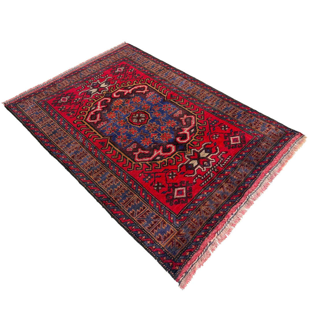 Red Afghan Baluchi Rug 3' 0" x 4' 4" Hand-Knotted | No. AL42996