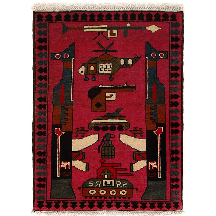 Pink Afghan War Rug 2' 1" x 2' 10" Hand-Knotted | No. AL43041