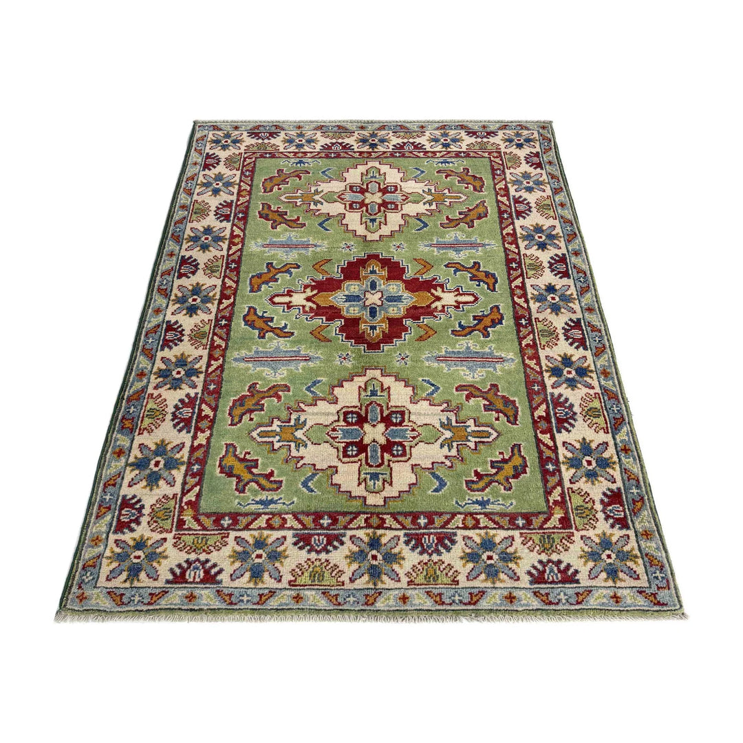 Green Afghan Kazak Rug 3' 3" x 5' 0" Hand-Knotted | No. AL43444