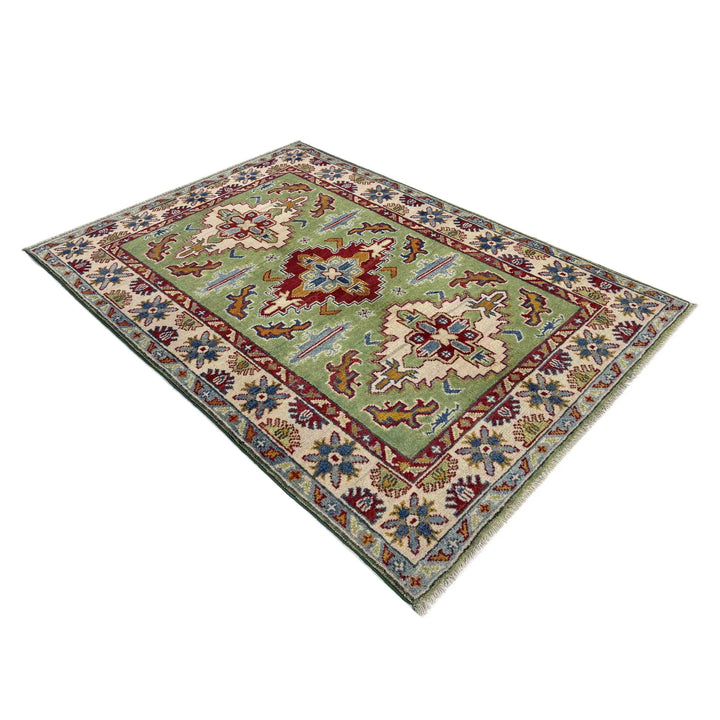 Green Afghan Kazak Rug 3' 3" x 5' 0" Hand-Knotted | No. AL43444