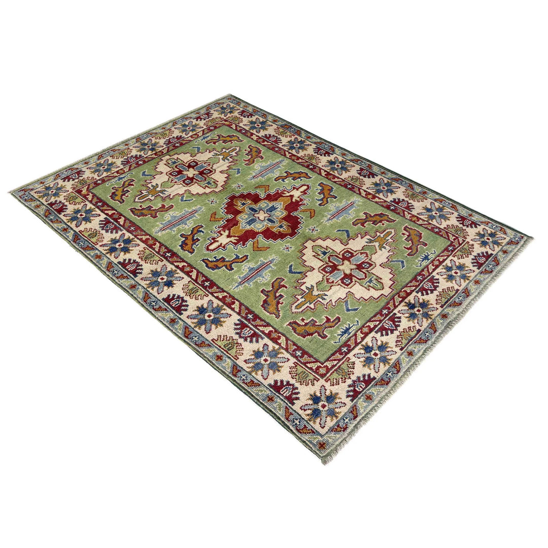 Green Afghan Kazak Rug 3' 3" x 5' 0" Hand-Knotted | No. AL43444
