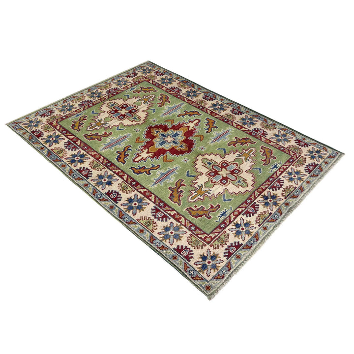 Green Afghan Kazak Rug 3' 3" x 5' 0" Hand-Knotted | No. AL43444
