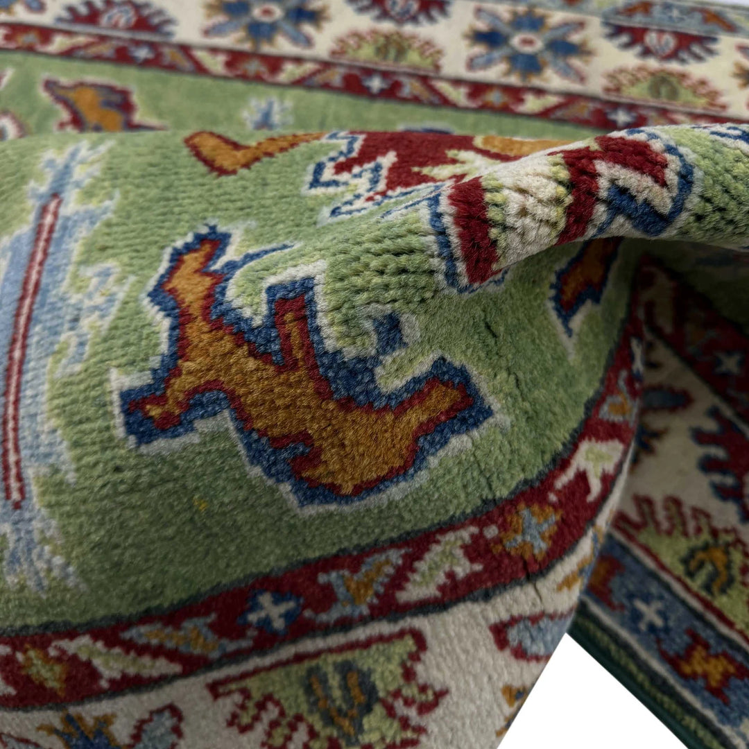 Green Afghan Kazak Rug 3' 3" x 5' 0" Hand-Knotted | No. AL43444