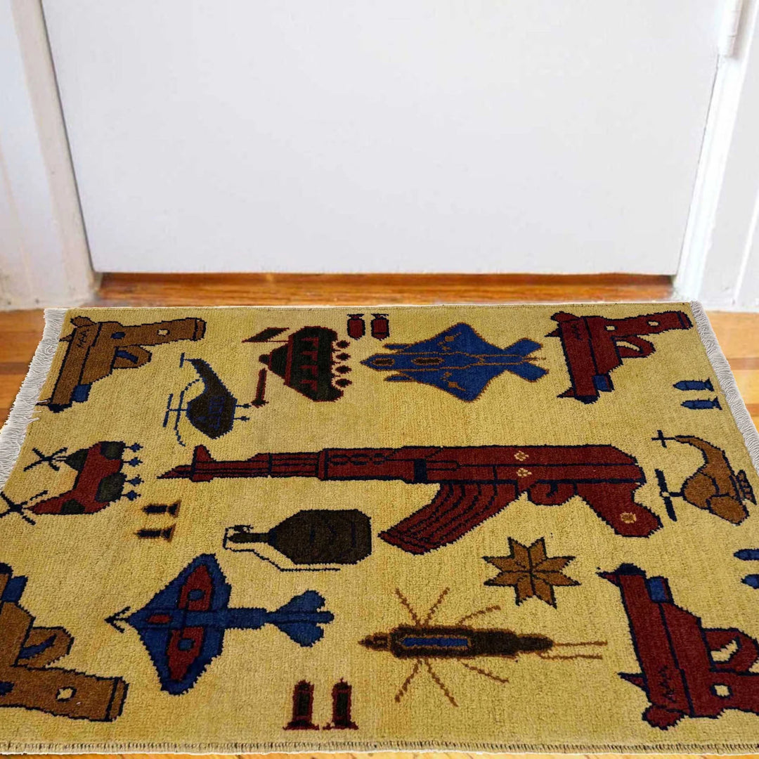 Yellow Afghan War Rug 1' 11" x 2' 10" Hand-Knotted | No. AL43487